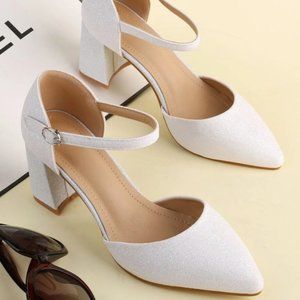 White Glitter Closed Toe Pumps